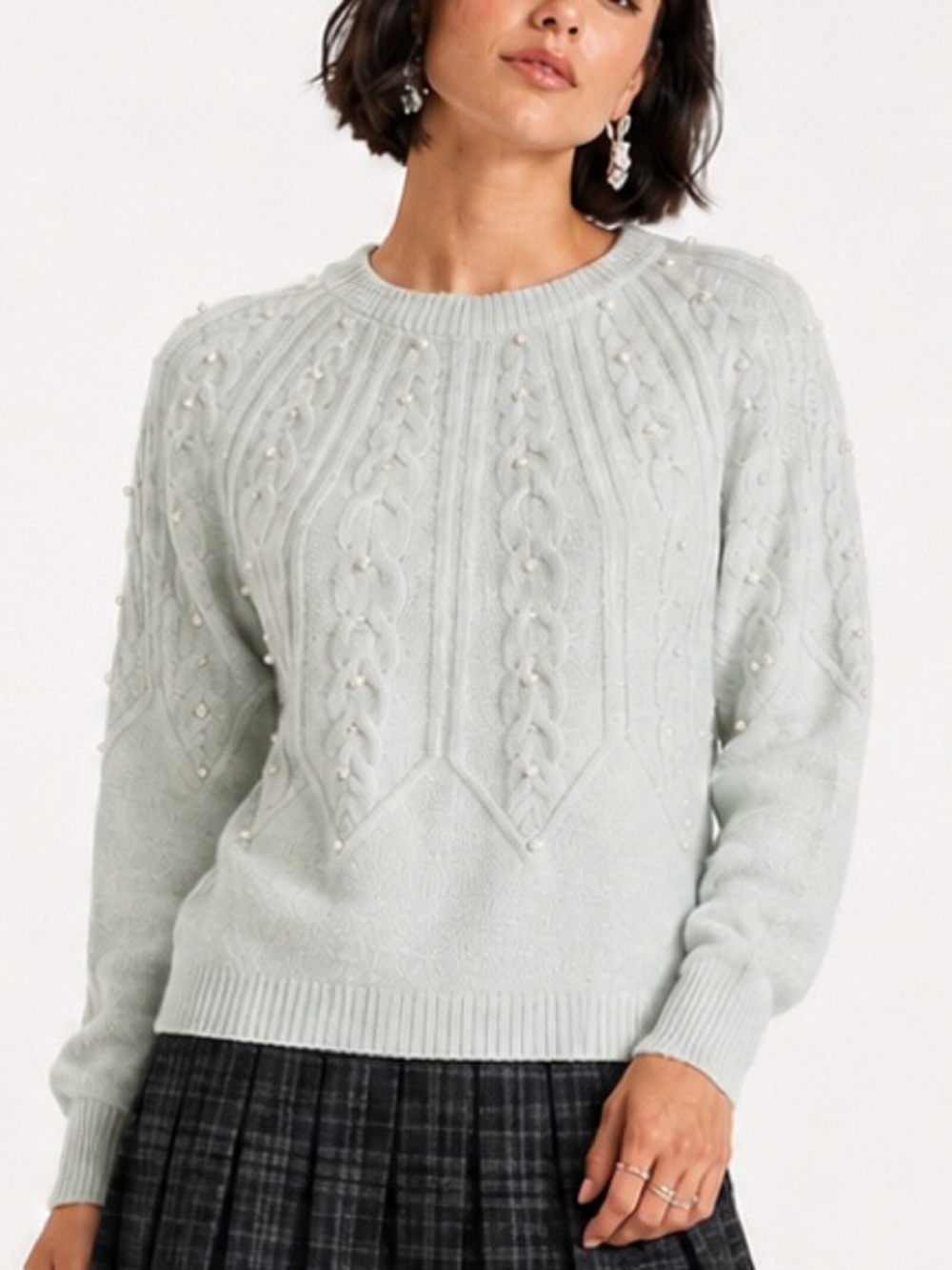Calligraphie Soft Cable Knit Sweater Pearl Embellishments Mint Green Medium NWT